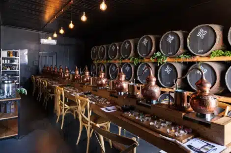 inverroche bar backed with whisky barrels